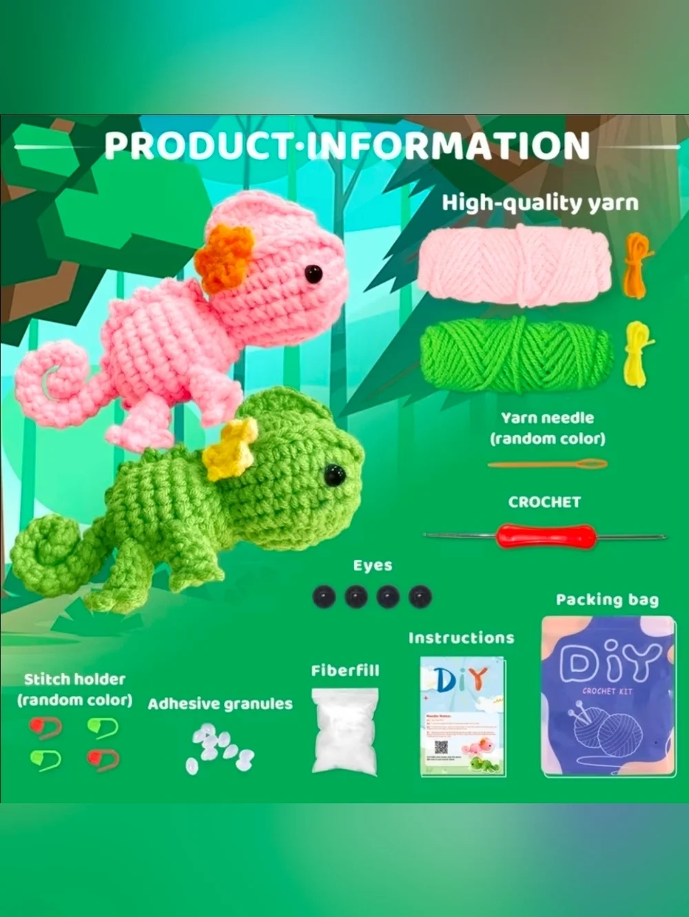 DIY Green Chameleon Crochet Kit For Beginners All Tools Included New Sealed